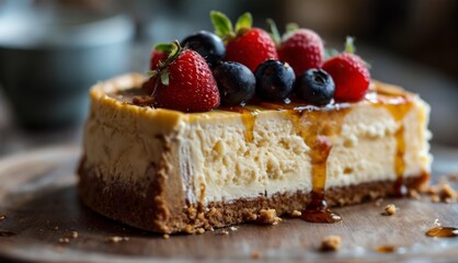  a piece of cheesecake topped with berries and caramel drizzle on top of a wooden cutting board.
