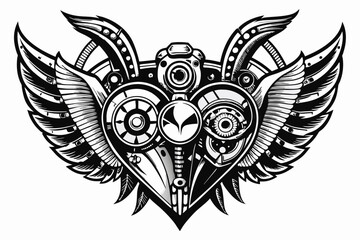 black and white drawing, steampunk mechanical heart with wings