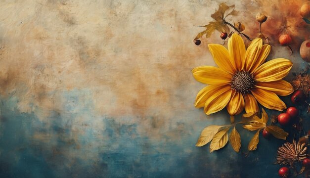  a painting of a yellow sunflower on a blue background with berries and leaves on the left side of the frame.