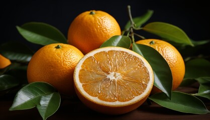  a group of oranges sitting next to each other on top of a wooden table with leaves on top of them.