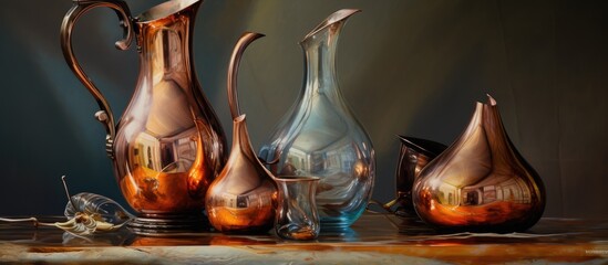 A collection of copper vases displayed on a wooden table, creating a stunning still life photography composition. The metallic vases shine next to the natural wood backdrop