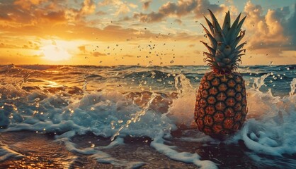  a pineapple sitting on top of a sandy beach next to the ocean with a sun setting in the background. - obrazy, fototapety, plakaty