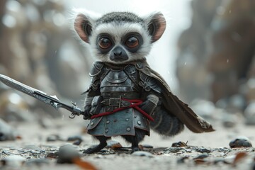 Fototapeta premium The cartoon character is a Lemur in knight's armor