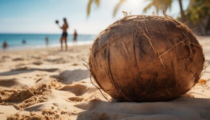 a close up of a coconut on a beach with a group of people in the background on a sunny day.