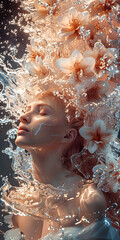 A woman adorned with flowers in her hair is gracefully swimming underwater amidst coral reefs, surrounded by electric blue marine life and vibrant plant petals