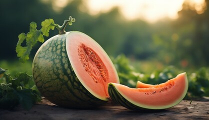  a watermelon cut in half sitting on top of a leafy green field next to another piece of watermelon.