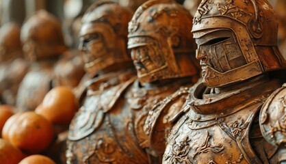  a close up of a figurine of a man in armor surrounded by other figurines of oranges.