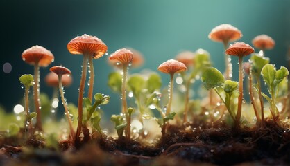  a group of small orange mushrooms growing out of a soil filled with green sprouts with water droplets on them. - obrazy, fototapety, plakaty