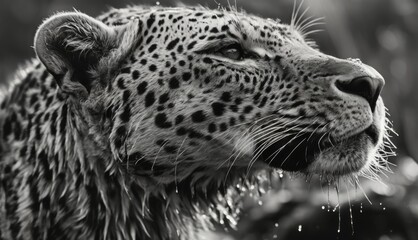  a black and white photo of a leopard's face with water droplets on it's fur and a tree in the background.