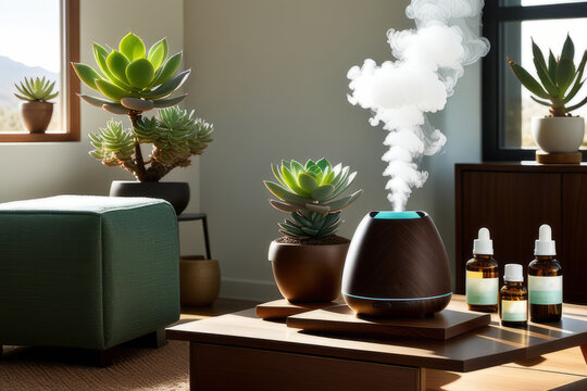 Tranquil home decor featuring an elegant aroma lamp with a diffuser, essential oils, and a collection of vibrant green indoor plants.