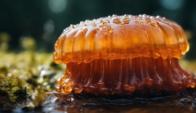 a close up of a jelly like substance with drops of water on the top of the jelly and on the bottom of the jelly.