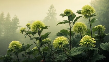 a group of large green flowers in the middle of a forest filled with lots of green leaves on a foggy day.