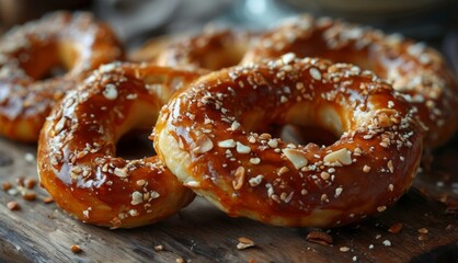  a close up of a bunch of doughnuts on a cutting board with sesame seeds on top of the doughnuts.