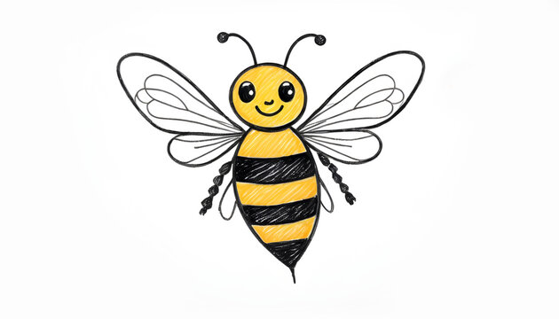 a naive and simple drawing of a honey bee in the style of a child with crayons with simple lines colorful with a pure white background