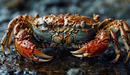  a close up of a crab on a rock with water droplets on it's back legs and a black background.