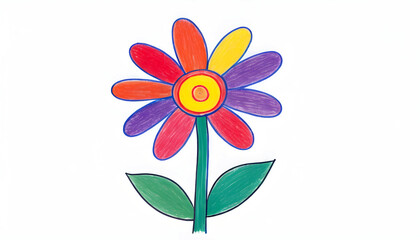 a naive and simple drawing of a flower in the style of a child with crayons with simple lines colorful with a pure white background