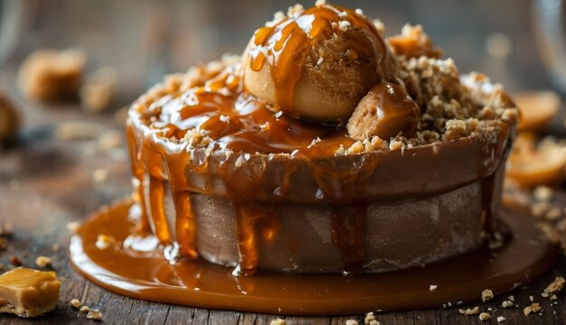  a chocolate cake covered in caramel drizzled with caramel drizzle on top of it.