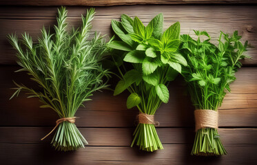 Set of Fresh healing different herbs on rustic wooden background. Healing herbs assortment. Herbal alternative medicine.