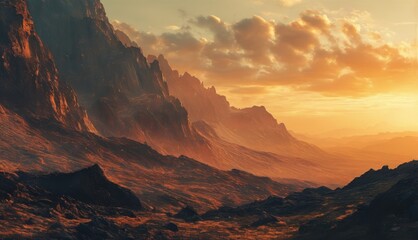  a sci - fi landscape with a mountain range in the foreground and the sun setting in the far distance. - obrazy, fototapety, plakaty