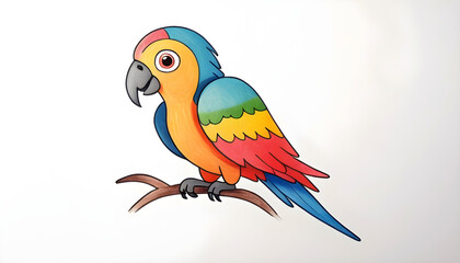 Naklejka premium a naive and simple drawing of a parrot in the style of a child with crayons with simple lines colorful with a pure white background