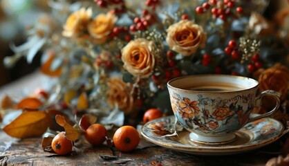 Obraz na płótnie Canvas a cup of coffee sitting on top of a saucer next to a vase filled with oranges and flowers.