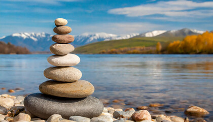 Pyramid of several flat river Zen stones. Meditative lifestyle. Natural landscape