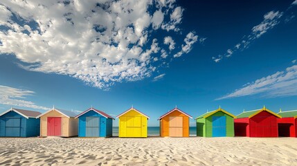 A row of vibrant beach huts sits atop a sandy beach, adding a pop of color to the shoreline.