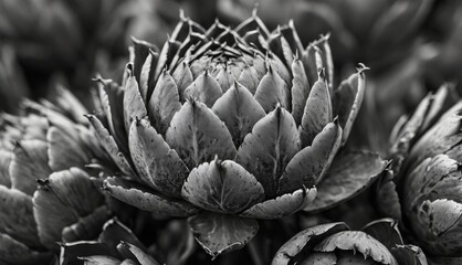  a black and white photo of an artichoke in the middle of a bunch of other artichokes.