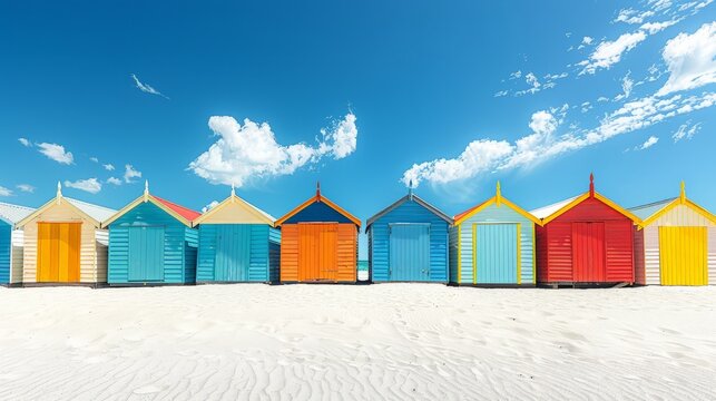 A line of vibrant, multi-colored beach huts stand on a clean, sandy beach under a clear sky.