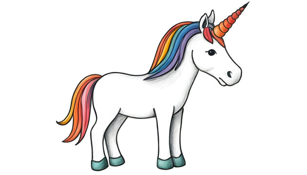 a naive and simple drawing of an unicorn in the style of a child with crayons with simple lines colorful with a pure white background