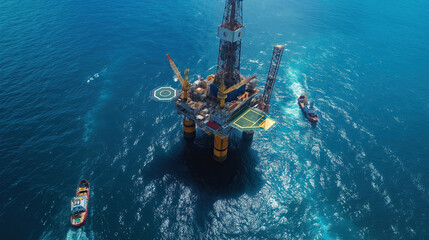 A dynamic aerial shot of an offshore oil rig in the midst of the ocean, showcasing the impressive scale and complex engineering against the backdrop of turbulent seas