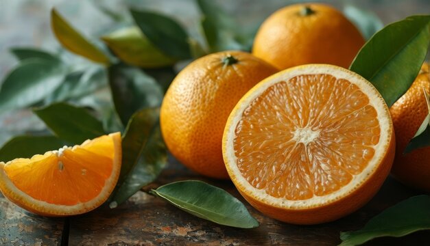  a group of oranges sitting on top of a wooden table next to a leafy green leafy branch.