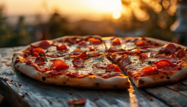  a pizza sitting on top of a wooden table covered in cheese and pepperoni on top of a wooden table.