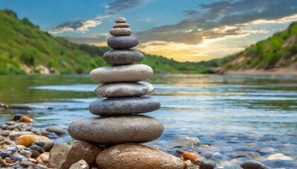 Pyramid of several flat river Zen stones. Meditative lifestyle. Natural landscape