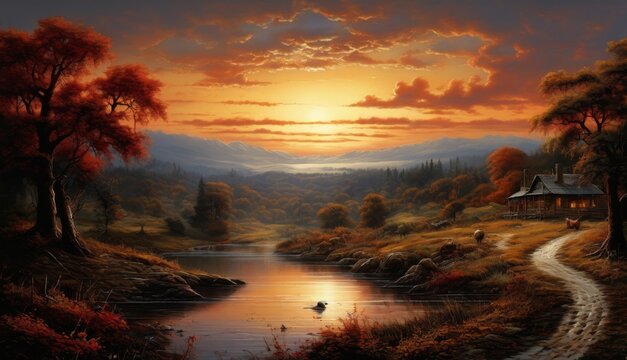  a painting of a sunset over a river with a house in the distance and a duck in the foreground.