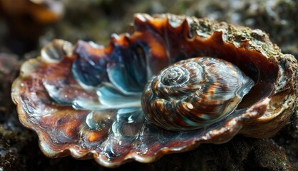  a close up of a seashell on a rock with other rocks in the background and water droplets on the shell.