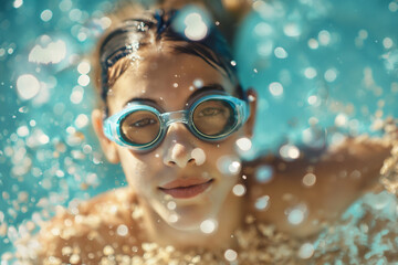 Young swimmer with goggles emerges in a sparkling pool, her gaze piercing through the rippling water