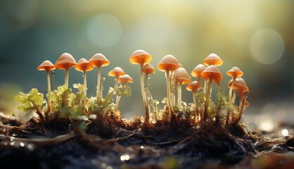  a group of tiny orange mushrooms growing out of a dirt patch on a sunny day in the sun with a blurry background. - obrazy, fototapety, plakaty