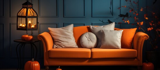 A Halloweenthemed living room with an orange couch, pumpkins, and cozy lighting. The interior design is warm and inviting, perfect for the spooky season