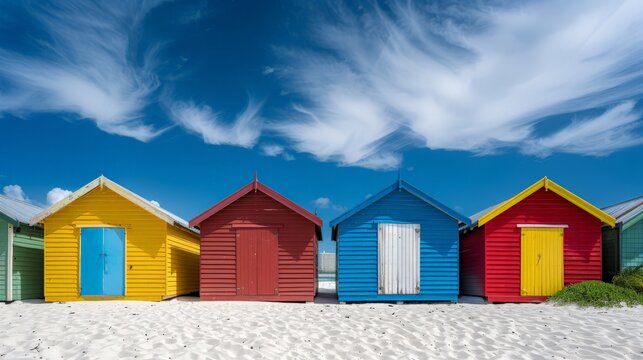 A row of vibrant beach huts lined up on a sandy beach under a clear sky.