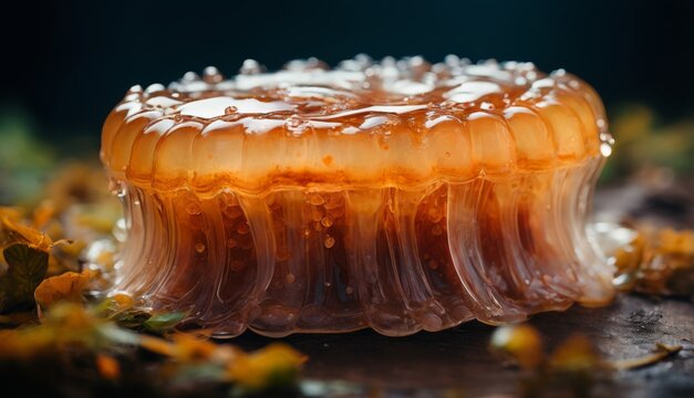  a jelly cake sitting on top of a table covered in frosted icing and sprinkled with orange flowers.
