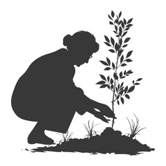 Silhouette elderly woman planting tree in the ground black color only