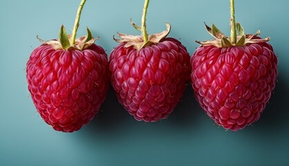  three raspberries on a blue background, one is ripe and the other is unripe and ready to be eaten.