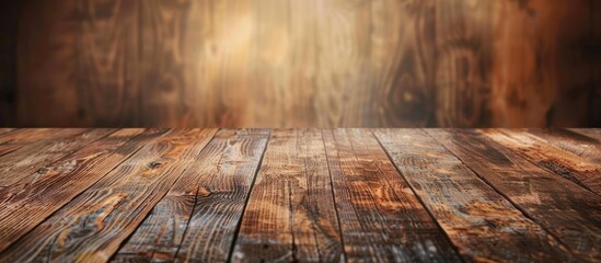 An empty hardwood table stands in front of a wooden wall, creating a natural landscape. The wood stain adds depth to the warm tints and shades of the planks - Powered by Adobe