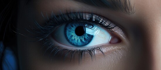 Fototapeta premium A macro photograph showcasing the intricate details of a womans electric blue eye with beautiful eyelashes, set against a background of darkness