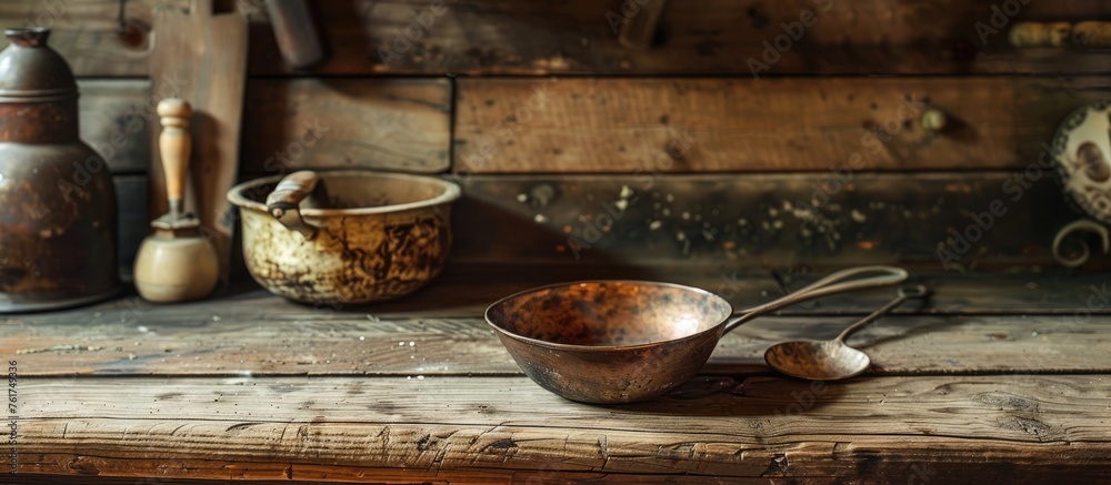 Poster A hardwood table with a mixing bowl and spoon resting on top. The wood stain enhances the natural beauty of the table, a perfect addition to any cuisine lovers house