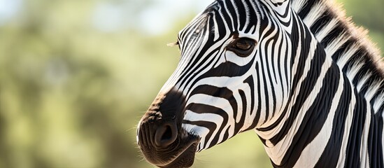 A close up of a zebras head showcasing its striking white and black mane, alert eye, and powerful neck, set against a backdrop of lush green trees