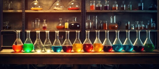 A line of glass beakers filled with various colored liquids displayed on a shelving unit in a room. These barware pieces add an artistic touch to any entertainment space