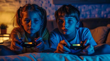 Engrossed kids playing video games at night