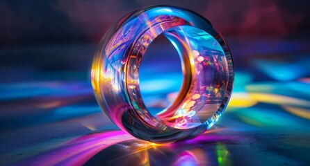 A glass ring is placed on top of a table, reflecting the surrounding light.